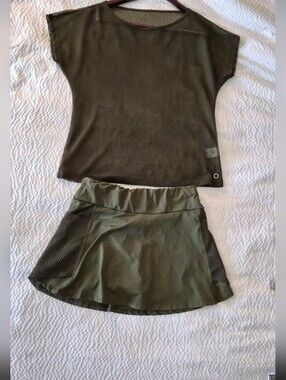 2 Piece BlueFish Olive Green Fearless Tennis Skirt-L  w/  Net Pullover Shirt -M
